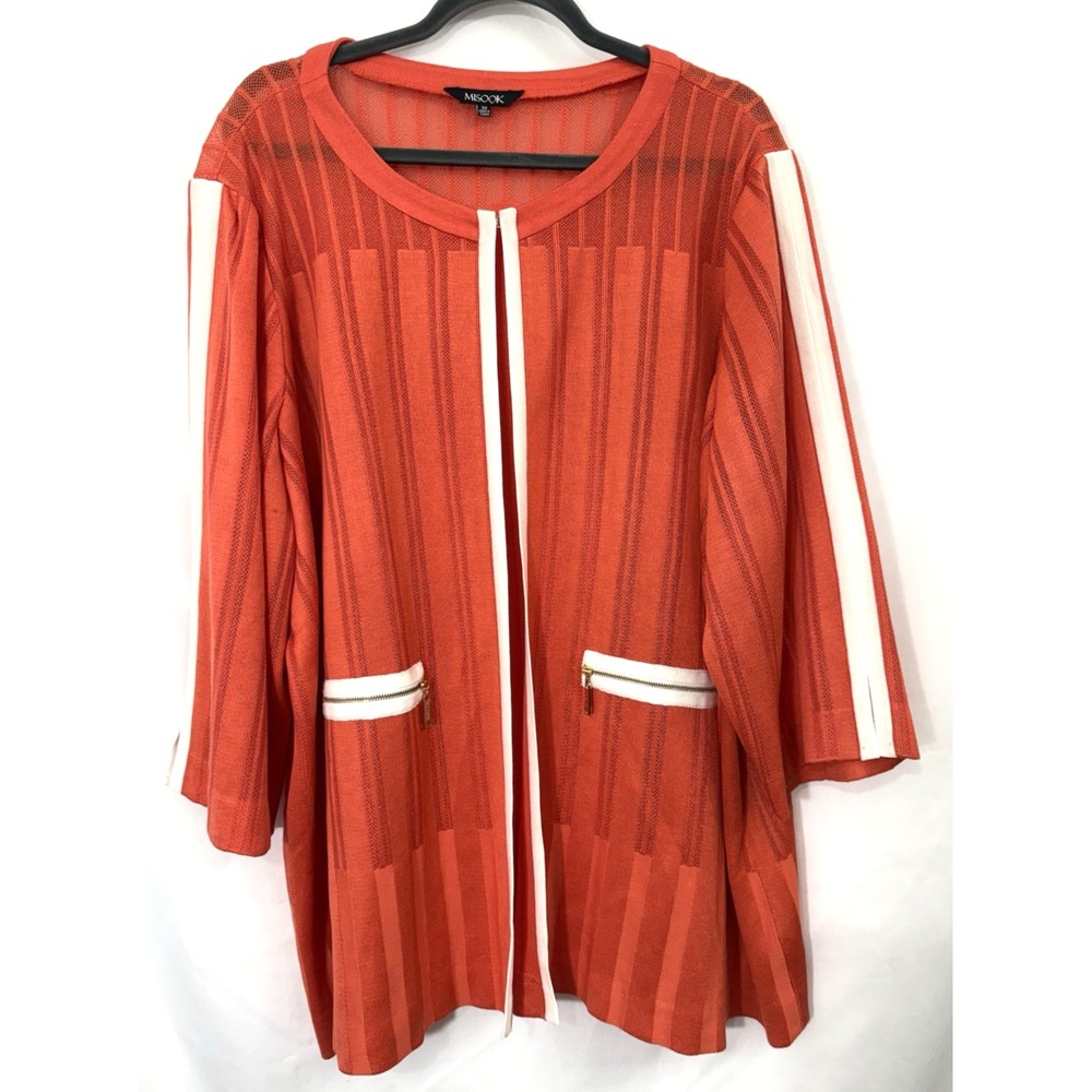 Misook Cardigan Jacket Orange White Semi Sheer Hook Closure Womens Plus Size 3X